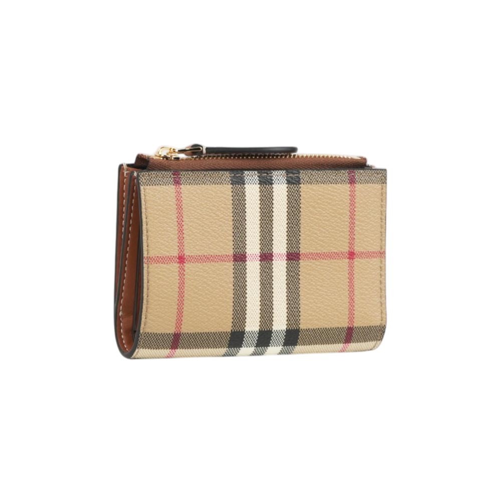 【Burberry】格紋及小牛皮釦式二折短夾(經典米色/石楠木棕)