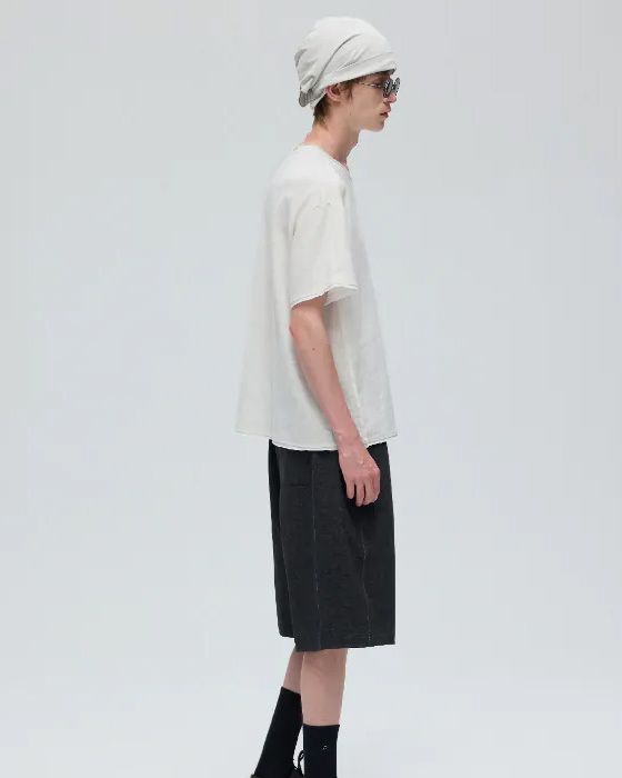 DECESOLO 混紡麻毛邊拼接透氣寬鬆圓領短T - 白/灰/黑