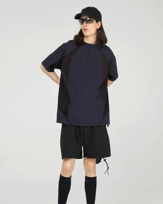 DECESOLO 速乾網眼輕薄透氣T-深藍/黑咖