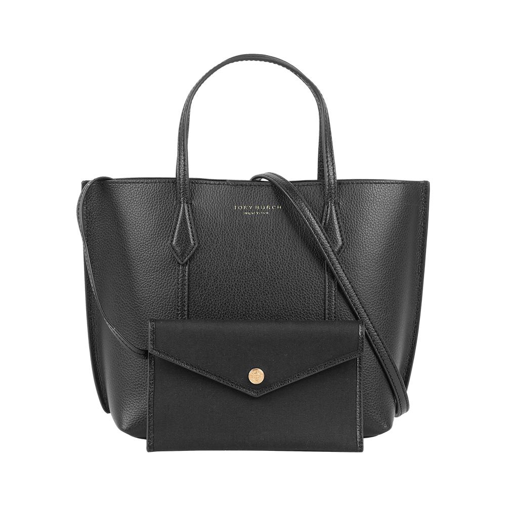 【Tory Burch】Perry 粒紋皮革附小袋小款二用托特包(黑色)