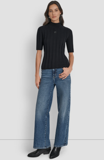 [S] DKNY BLACK ELBOW SLEEVE WIDE RIB MOCK NECK WITH LOGO PATCH, DJ5R0843-BLK (SD1826)