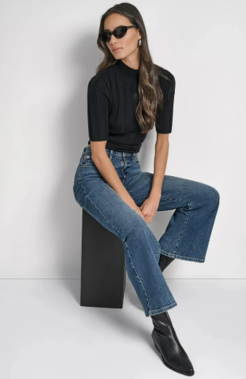 [S] DKNY BLACK ELBOW SLEEVE WIDE RIB MOCK NECK WITH LOGO PATCH, DJ5R0843-BLK (SD1826)