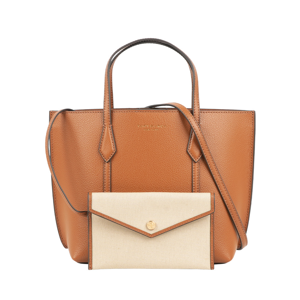 【Tory Burch】Perry 粒紋皮革附小袋小款二用托特包(秋天棕)