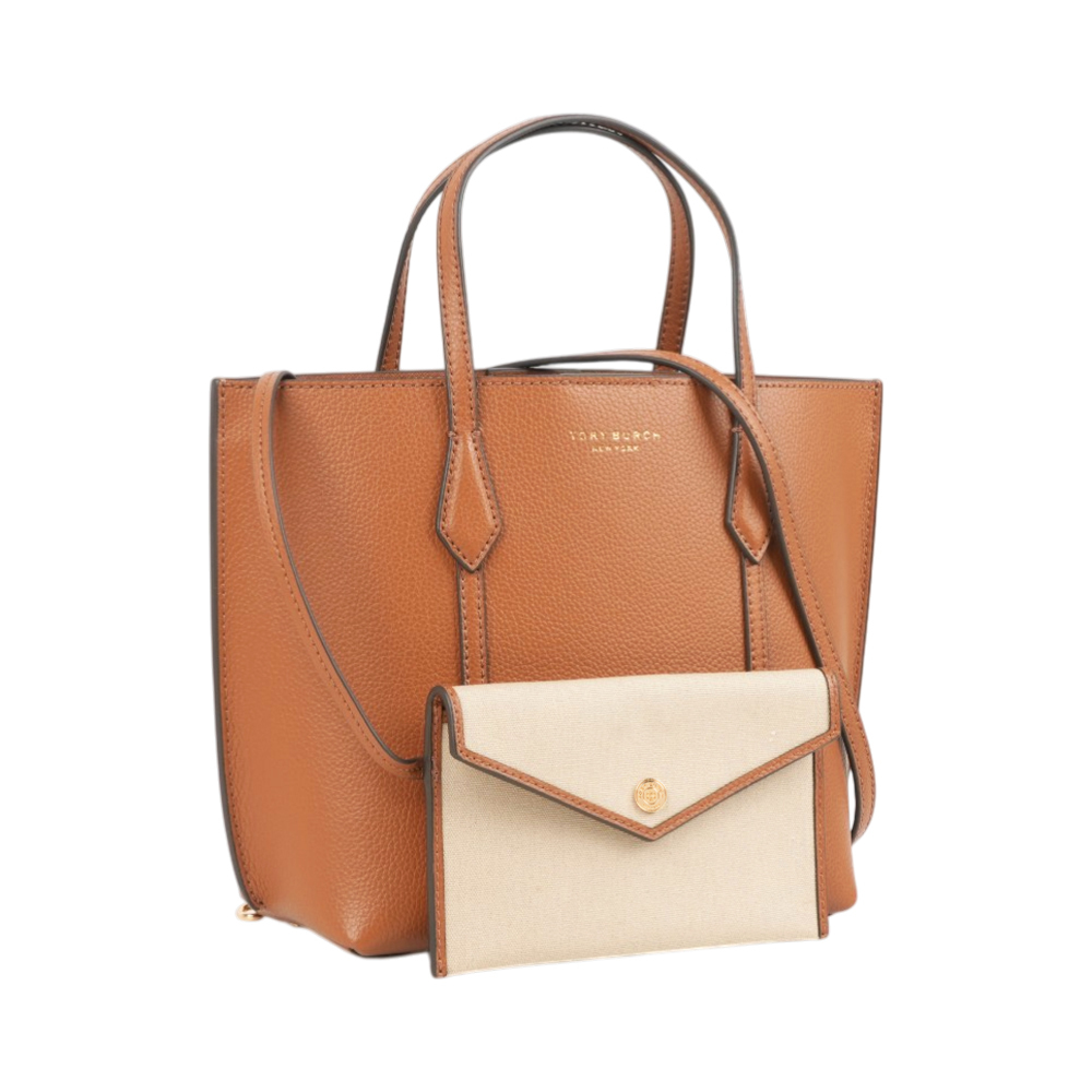 【Tory Burch】Perry 粒紋皮革附小袋小款二用托特包(秋天棕)