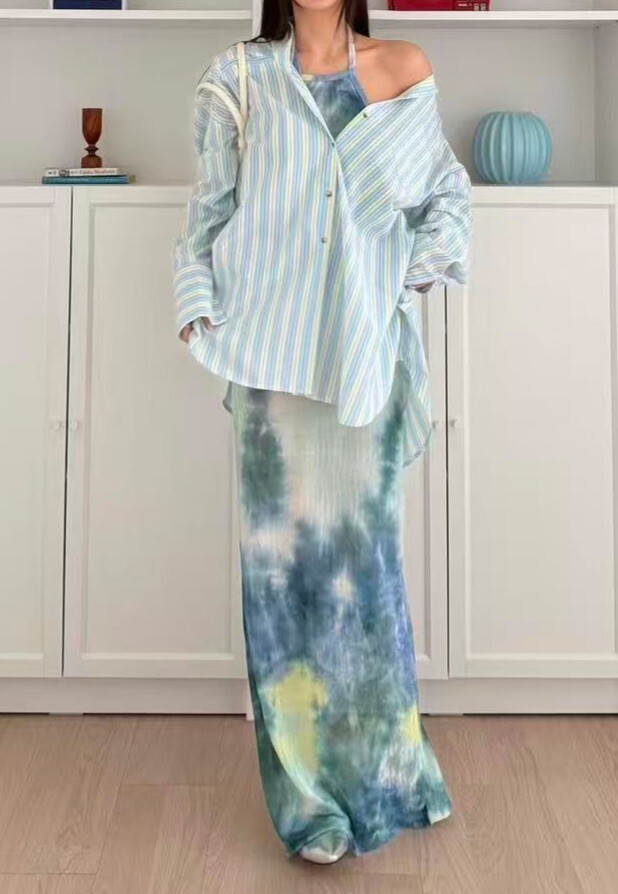 肩開釦直紋長襯