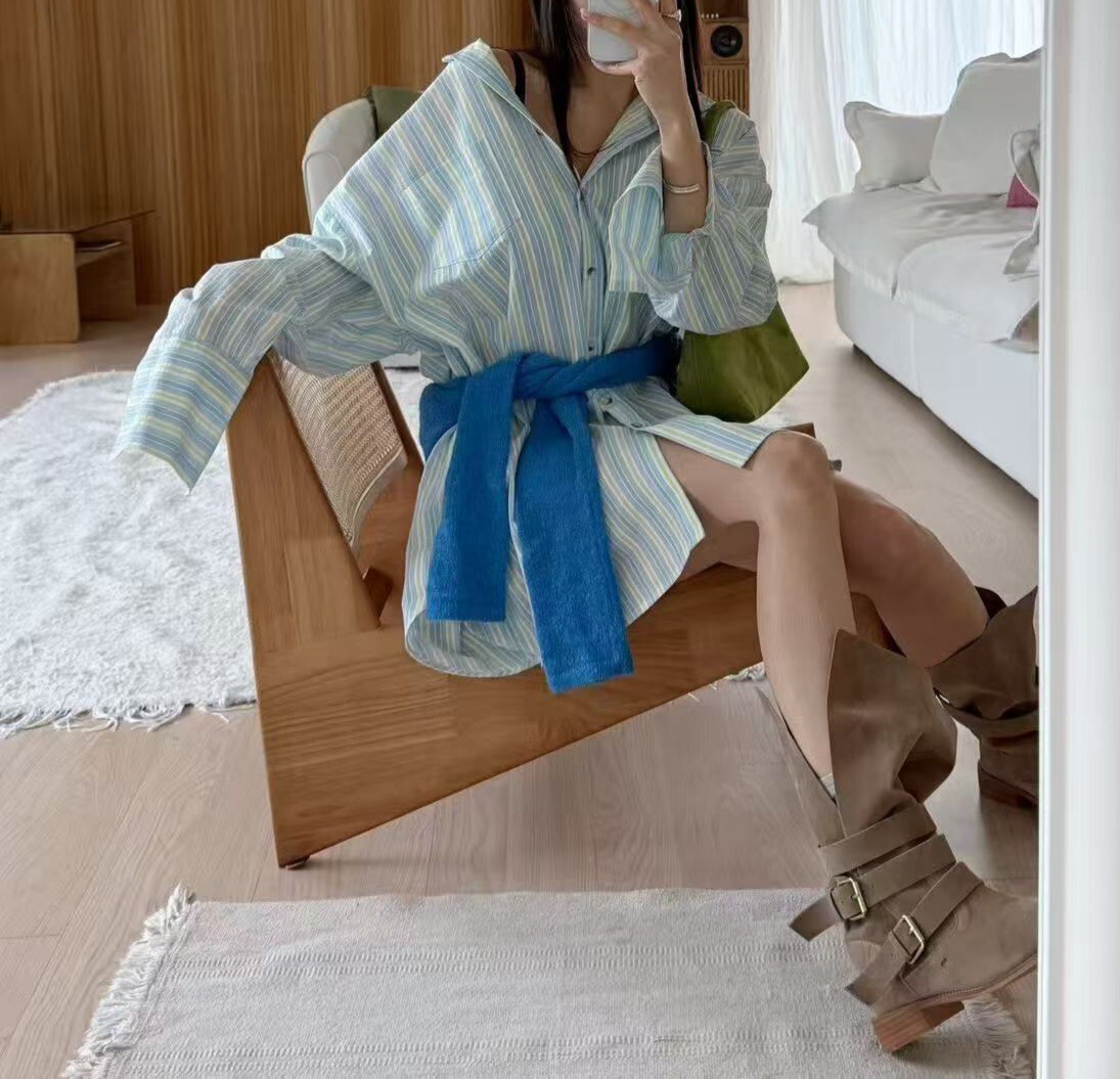 肩開釦直紋長襯