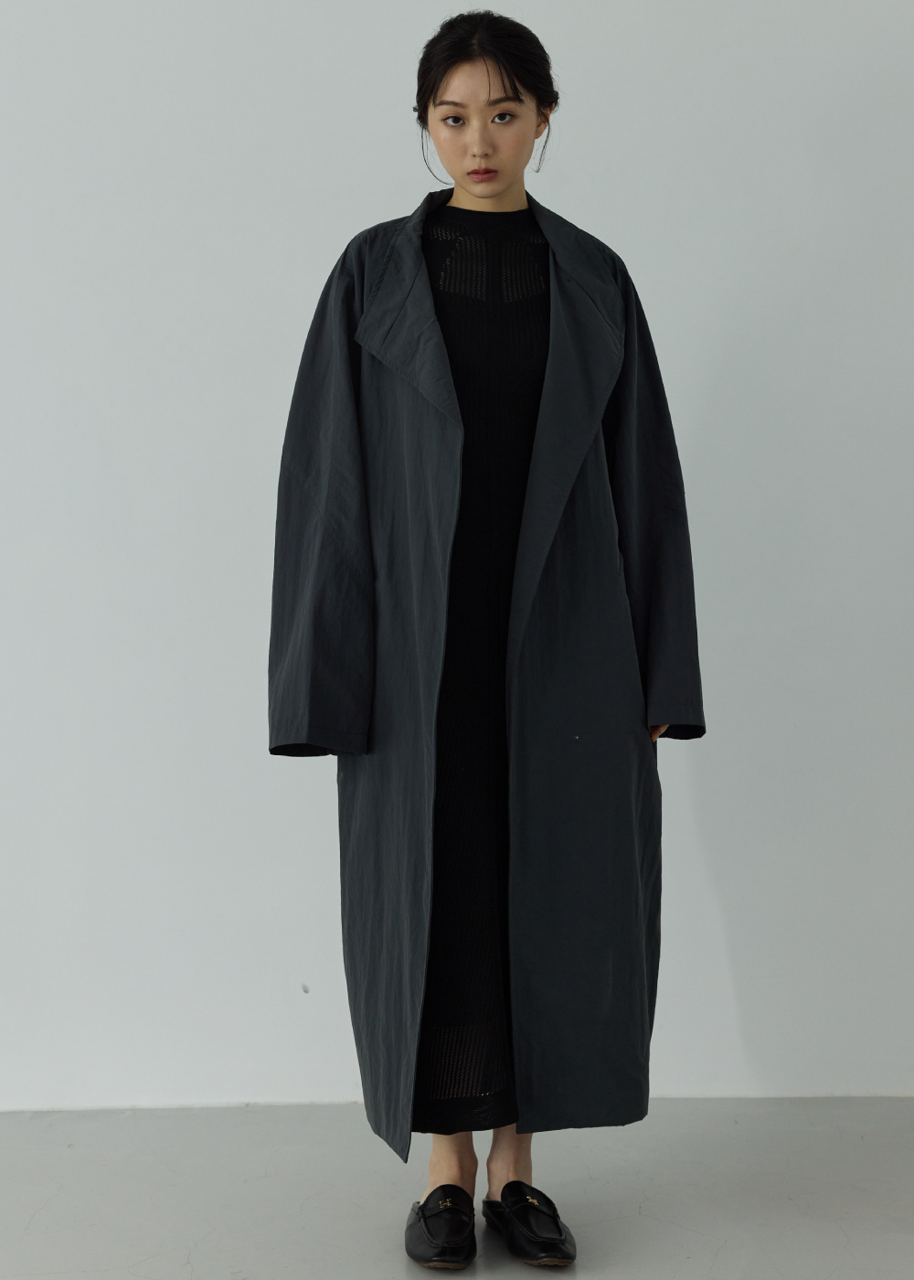 日系皺料斜釦立領繭型大衣