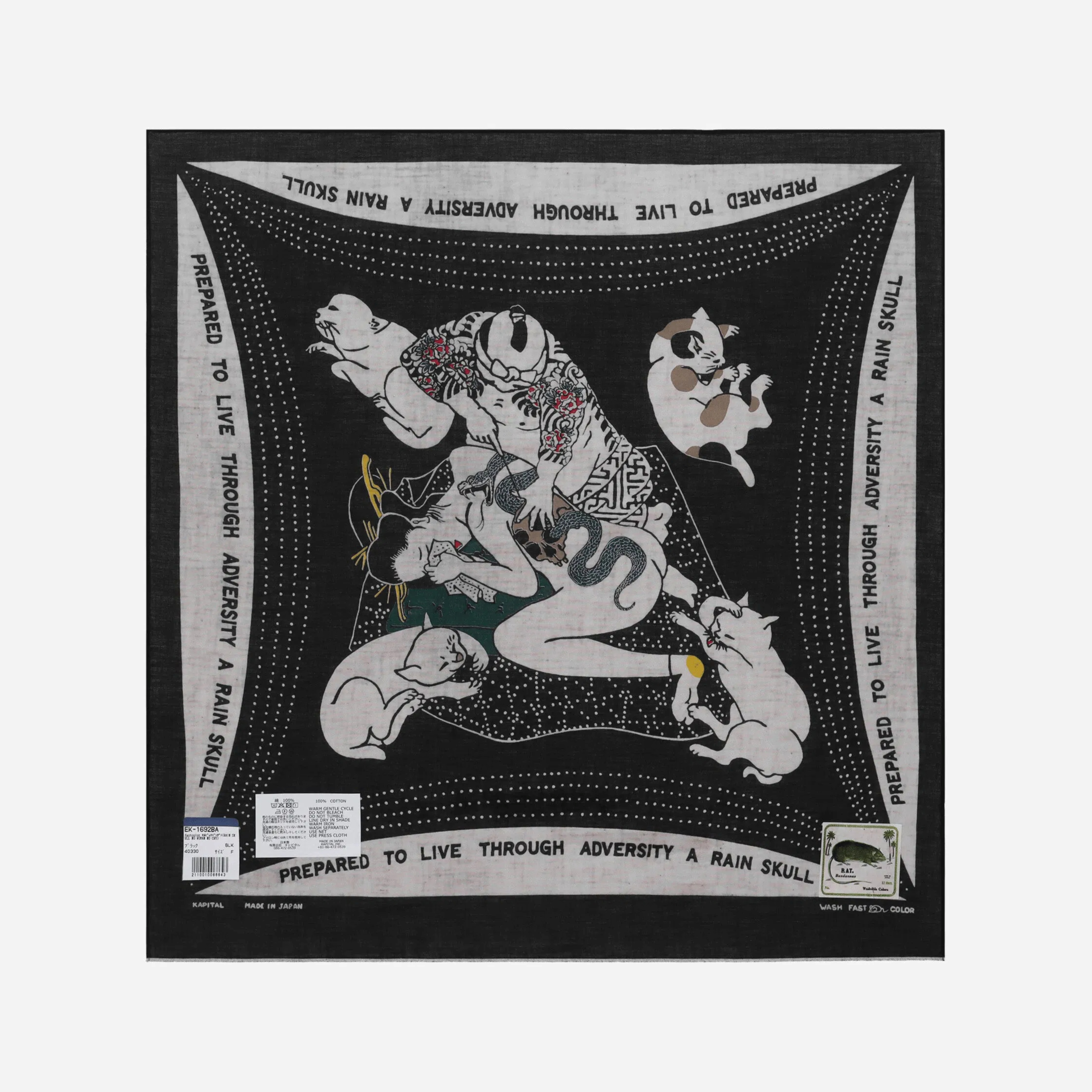 2026SS KAPITAL BANDANA 浮世繪 角落貓咪 刺青 方巾 頭巾 絲巾 現貨 EK-1692BA