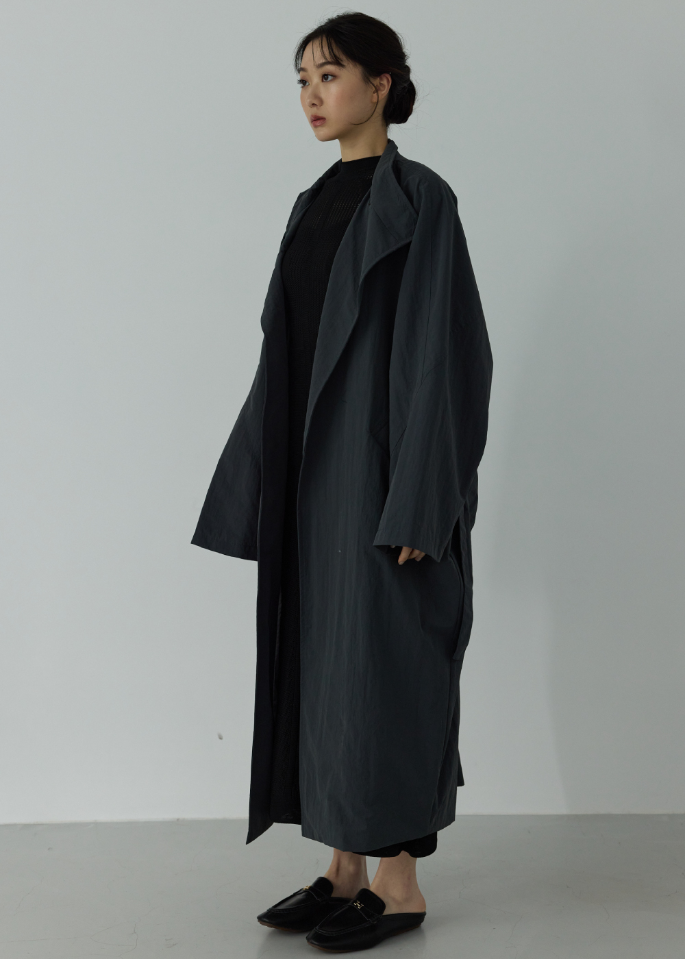 日系皺料斜釦立領繭型大衣
