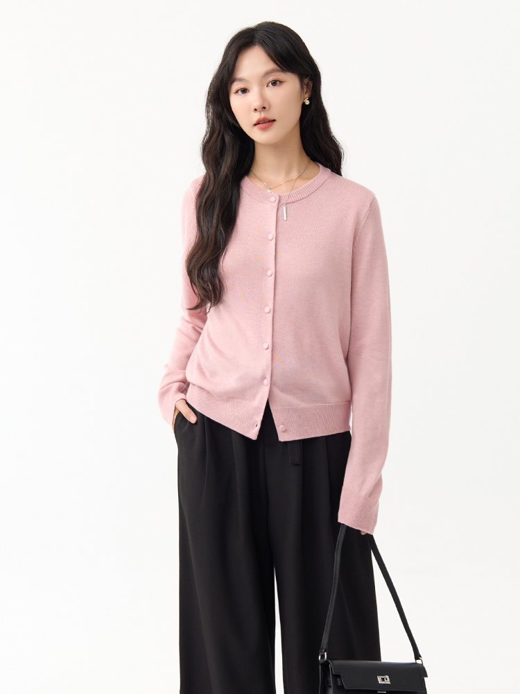 OH!HER 包釦圓領薄針織外套（10%羊毛）