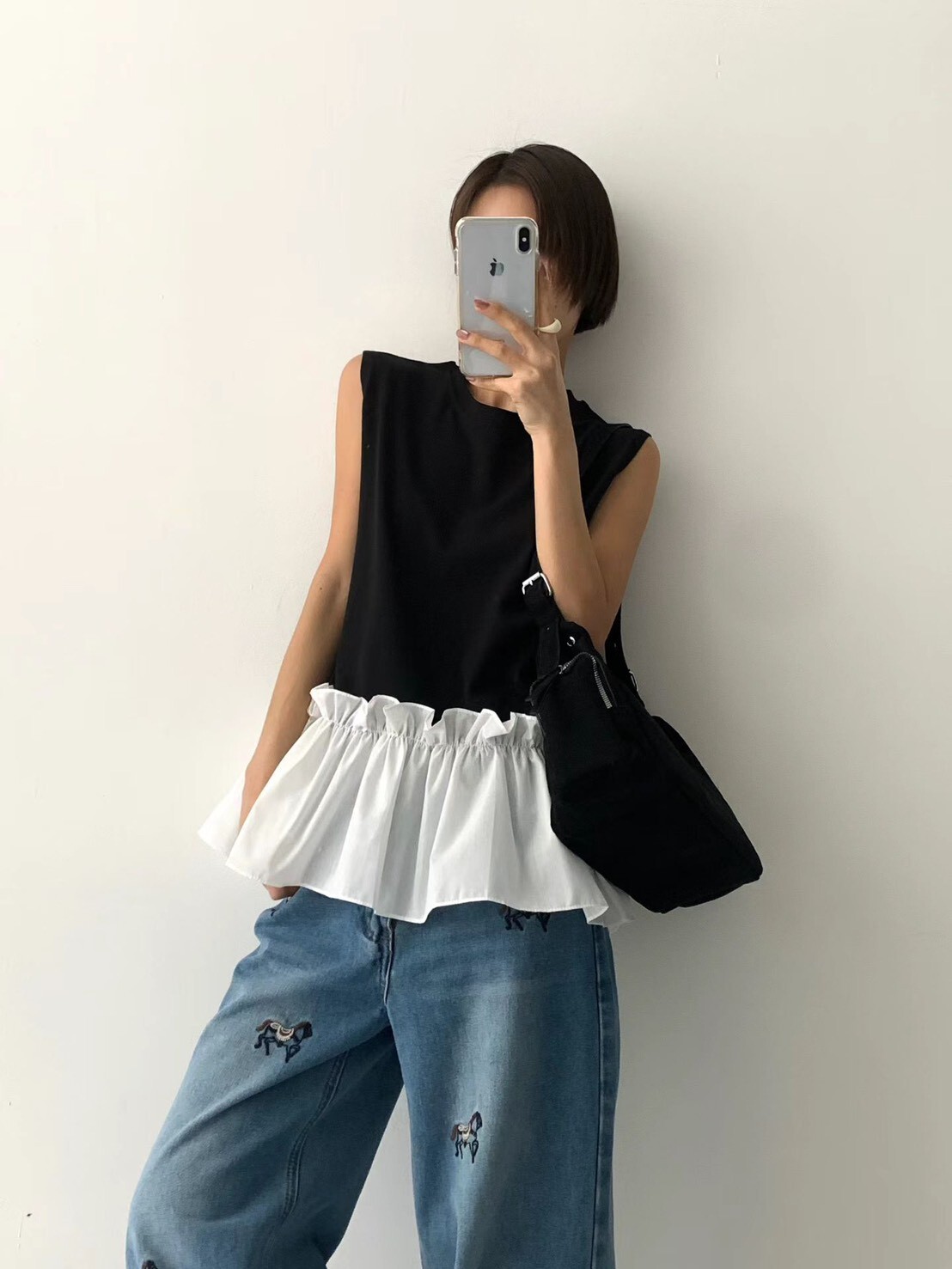 Marie-Marie 甜美拼接荷葉裙襬無袖上衣