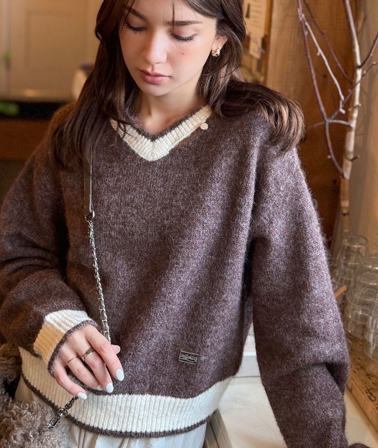 【預購】JN030612 mily bilet 配色 V 領與撞色羅紋針織上衣