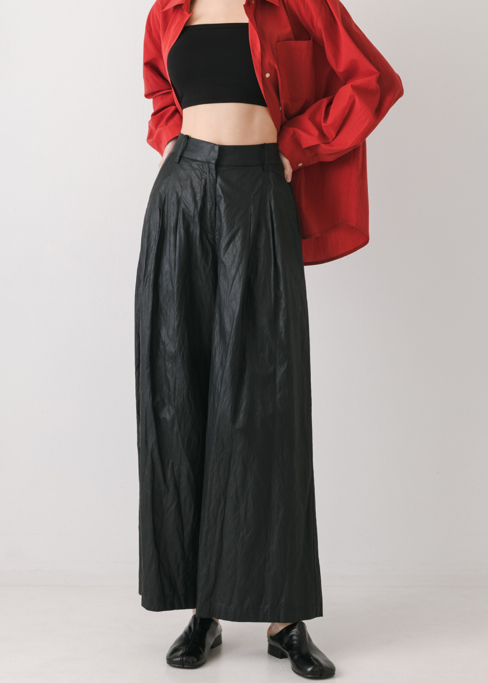 軟皮革率性寬褲