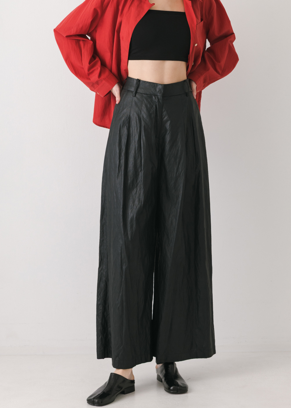 軟皮革率性寬褲