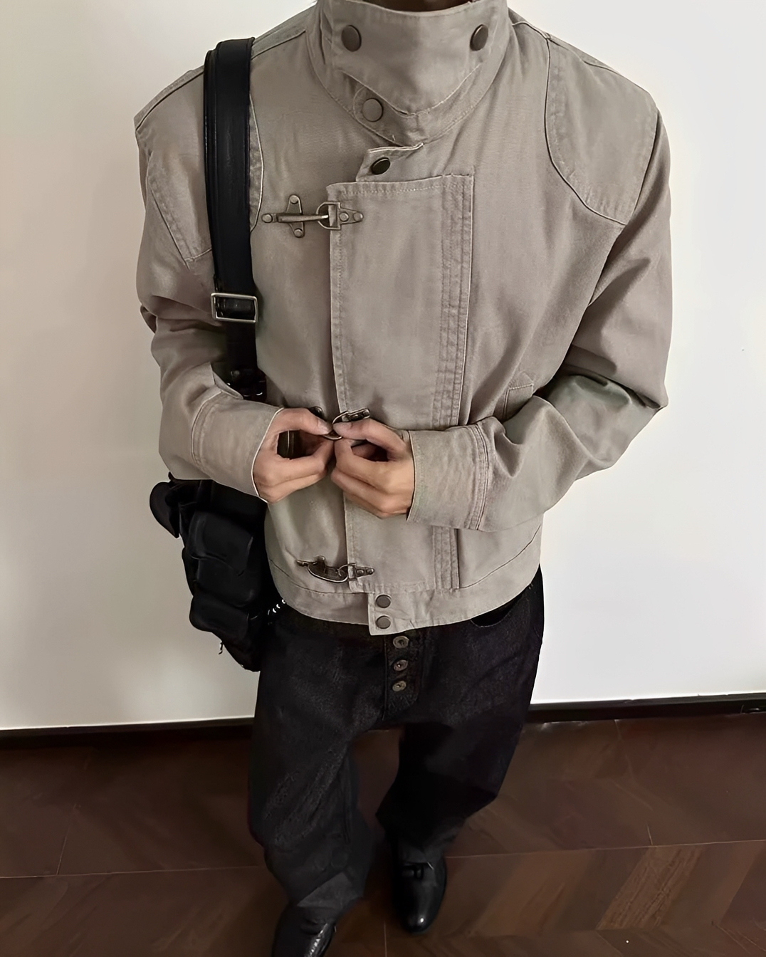 2色 春夏 仿舊 消防扣 飛機扣 短版 翻領 外套