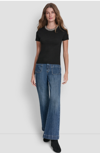 [S] DKNY BLACK NECKLINE SHORT SLEEVE T-SHIRT, DJ6R0954-BLK (SD1809)