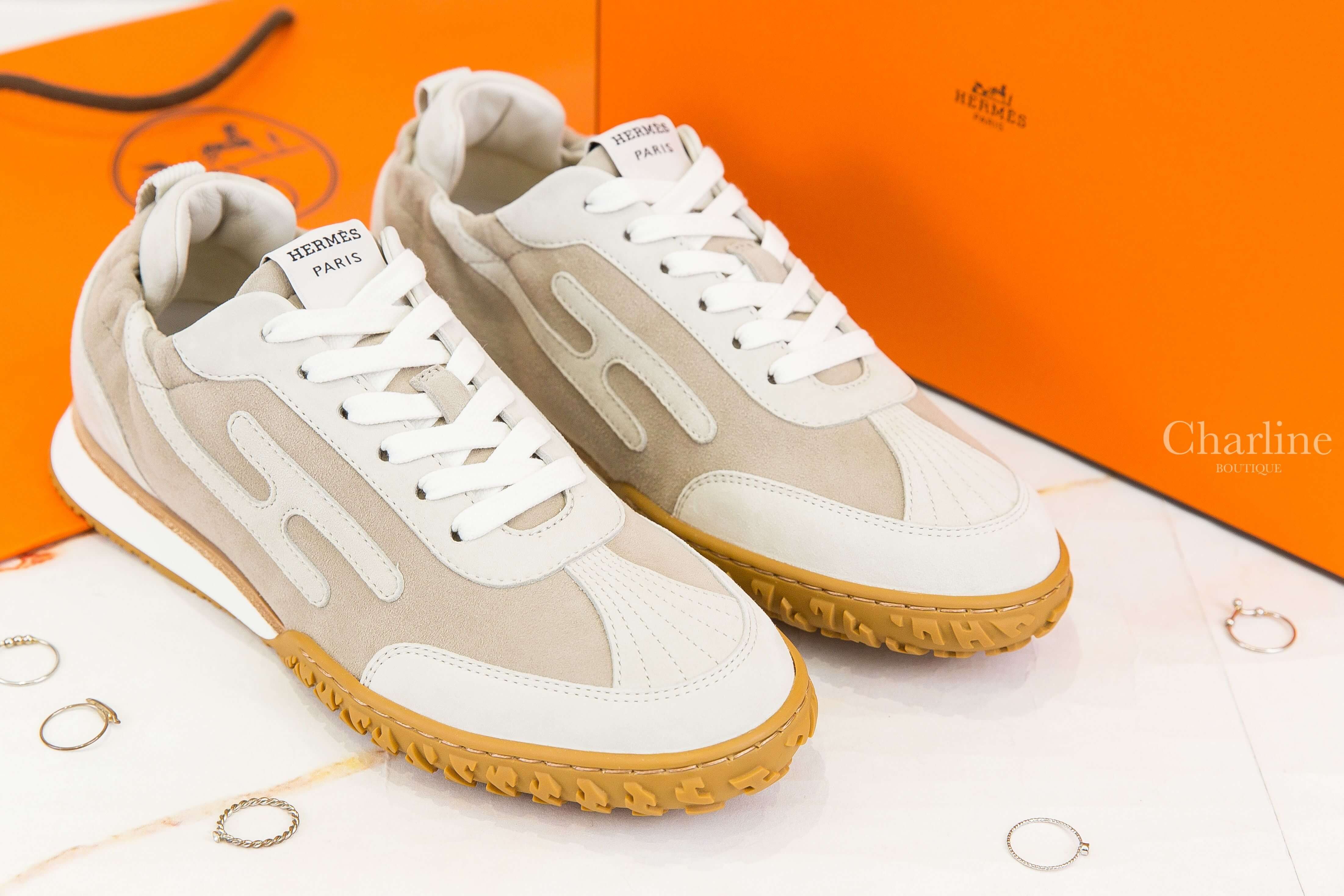 Hermès Jet Sneaker 草圖米拼黏土色山羊麂皮側邊H棕白拼色鞋底運動鞋
