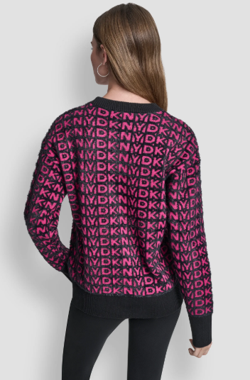 [S] DKNY BLACK/FUCHSIA FUR ALL OVER LOGO SWEATER, P5MSAX92-BFH (SD1793)