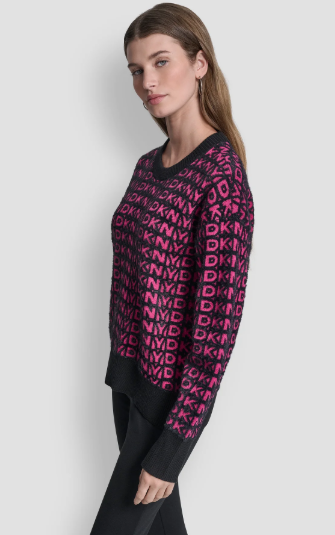 [S] DKNY BLACK/FUCHSIA FUR ALL OVER LOGO SWEATER, P5MSAX92-BFH (SD1793)
