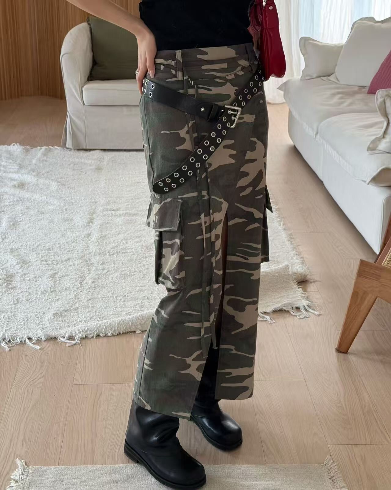 前開岔工裝口袋迷彩裙