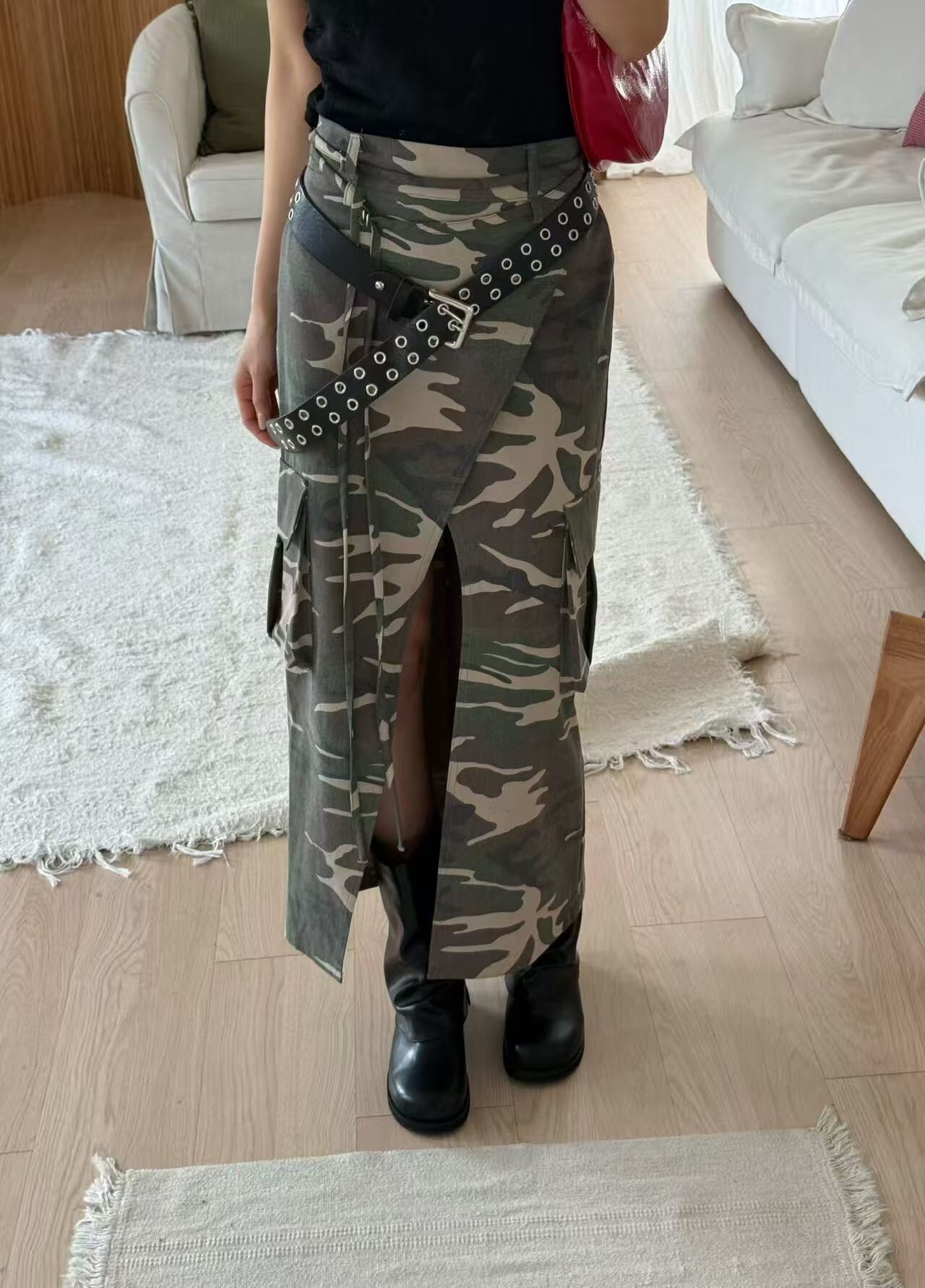 前開岔工裝口袋迷彩裙