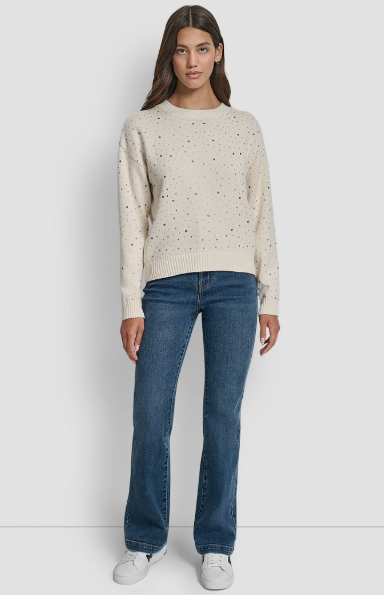 [S] DKNY EGGNOG LONG SLEEVE RHINESTONE CREW NECK SWEATER, DJ5R0826-G0H (SD1819)