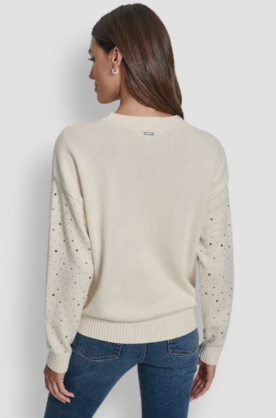 [S] DKNY EGGNOG LONG SLEEVE RHINESTONE CREW NECK SWEATER, DJ5R0826-G0H (SD1819)