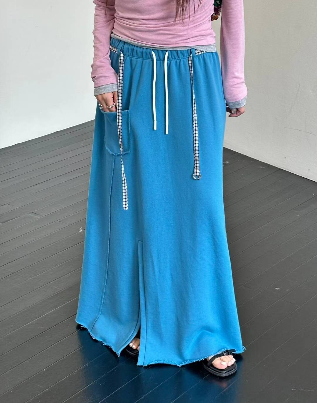 撞色抽繩口袋棉裙