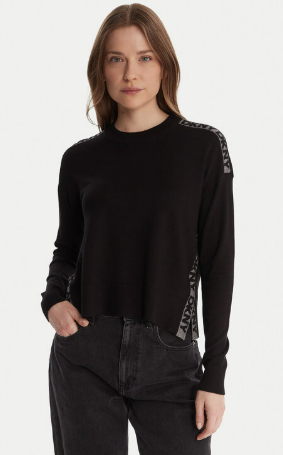 [S] DKNY BLACK/GRAPHITE HEATHER LONG SLEEVE LOGO TAPE LUREX SWEATER, P5MSLJ92-OQ7 (SD1734)