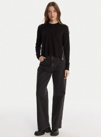 [S] DKNY BLACK/GRAPHITE HEATHER LONG SLEEVE LOGO TAPE LUREX SWEATER, P5MSLJ92-OQ7 (SD1734)