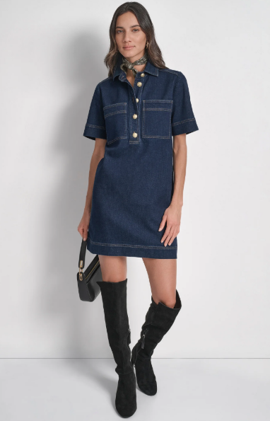 [S] DKNY LEXINGTON COLLARED SHORT-SLEEVE DENIM SHIFT DRESS, DJ5D9126-LXT (SD1738)