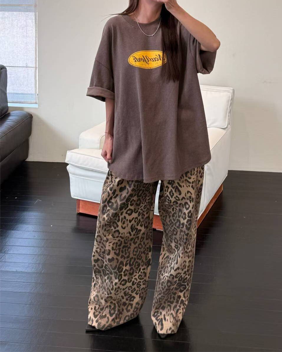 雙褲頭抽繩豹紋褲