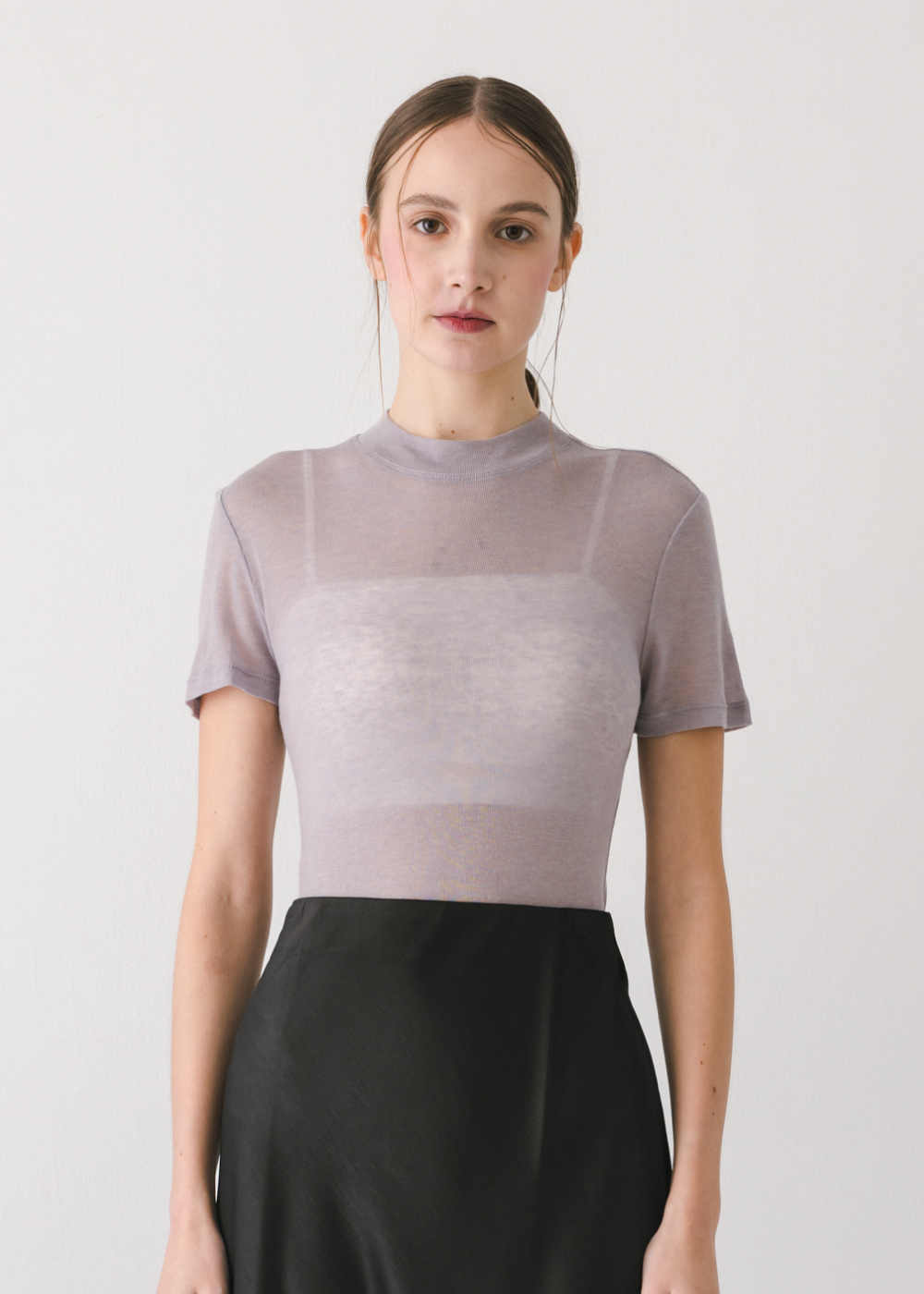 萊賽爾羊毛透膚立領上衣