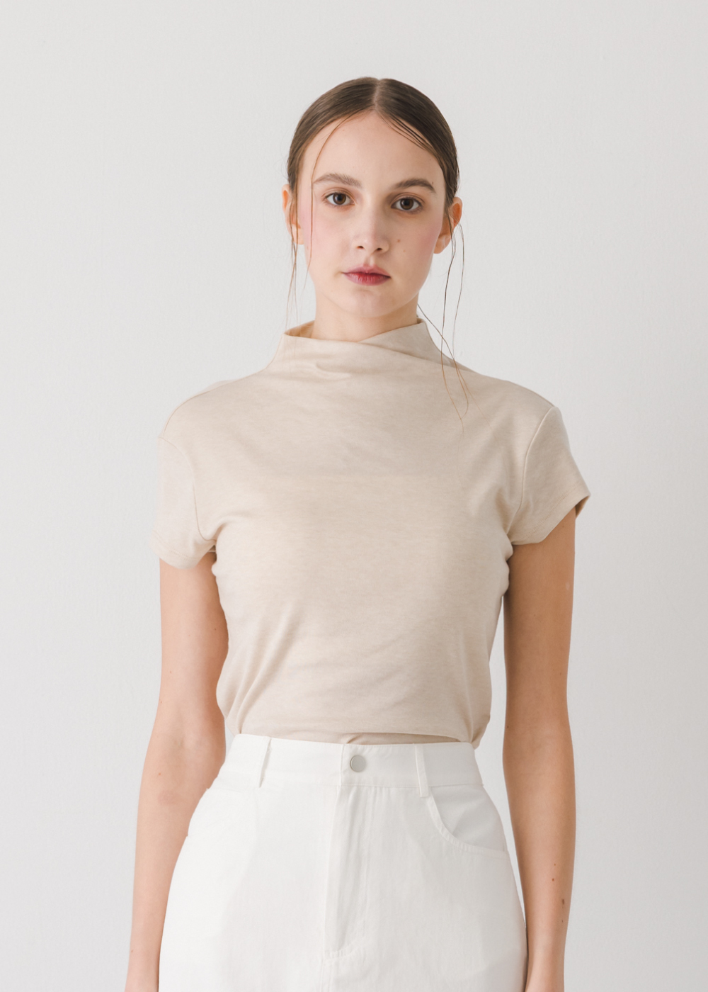 萊賽爾羊毛抓領短袖上衣