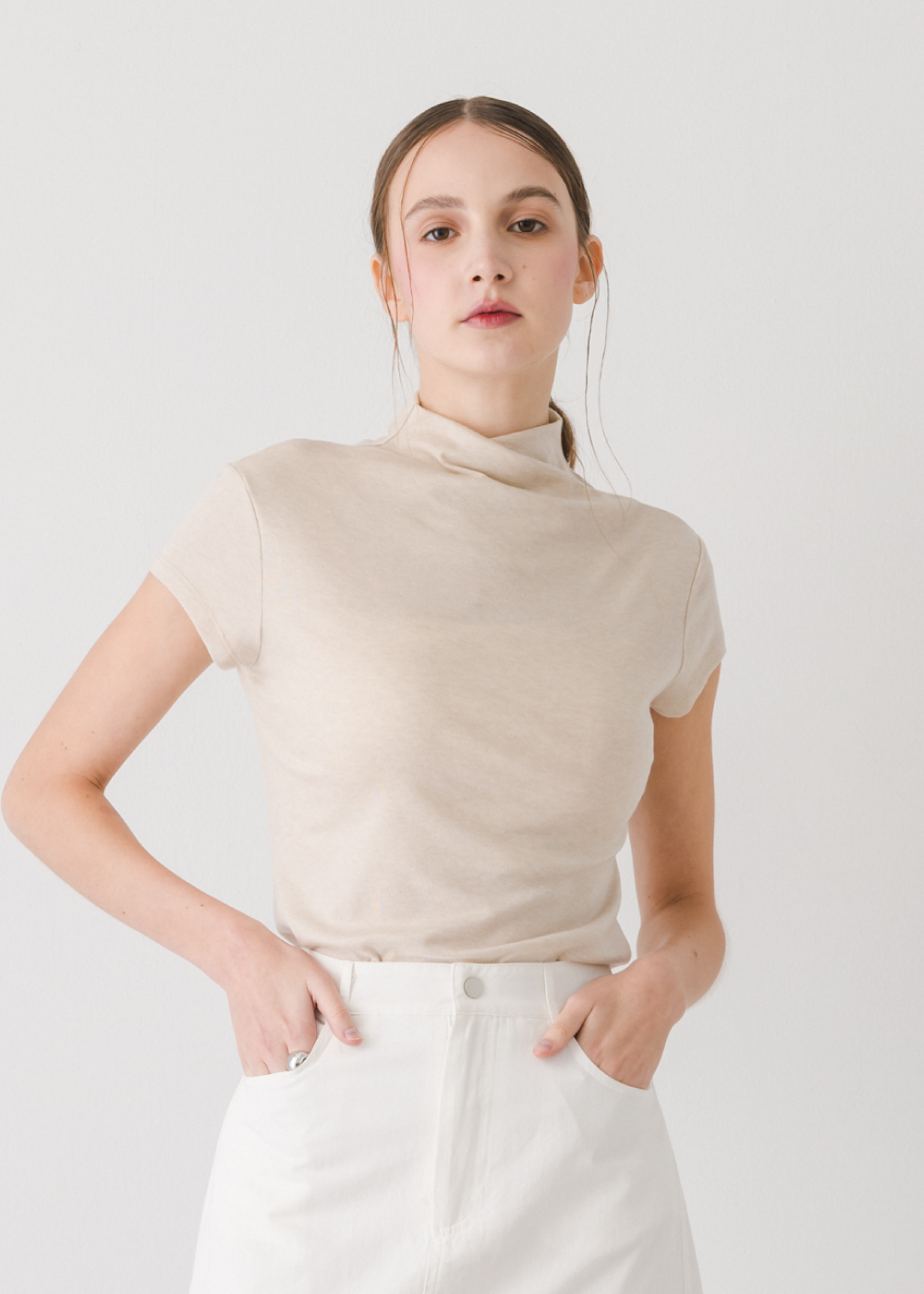 萊賽爾羊毛抓領短袖上衣