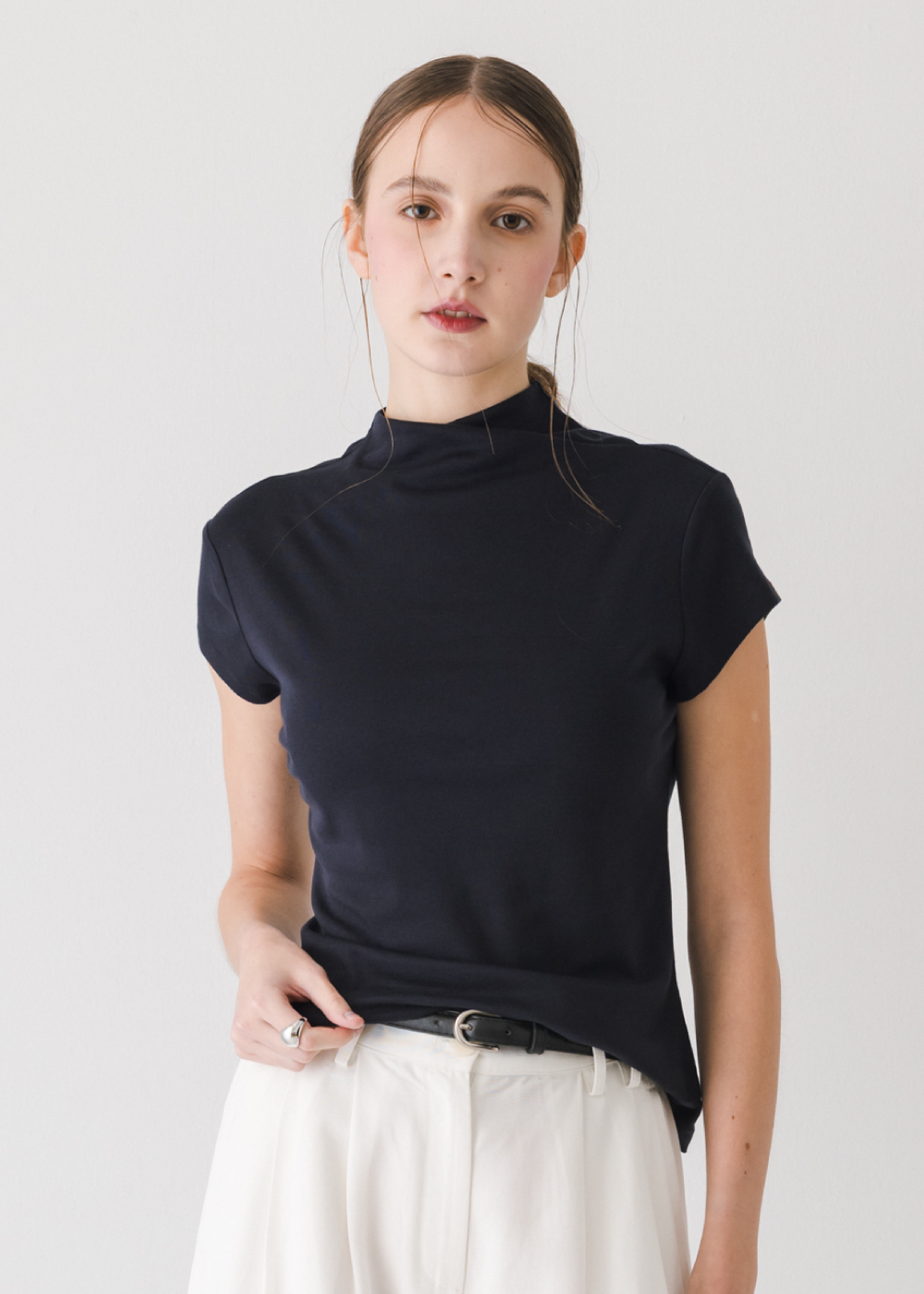 萊賽爾羊毛抓領短袖上衣