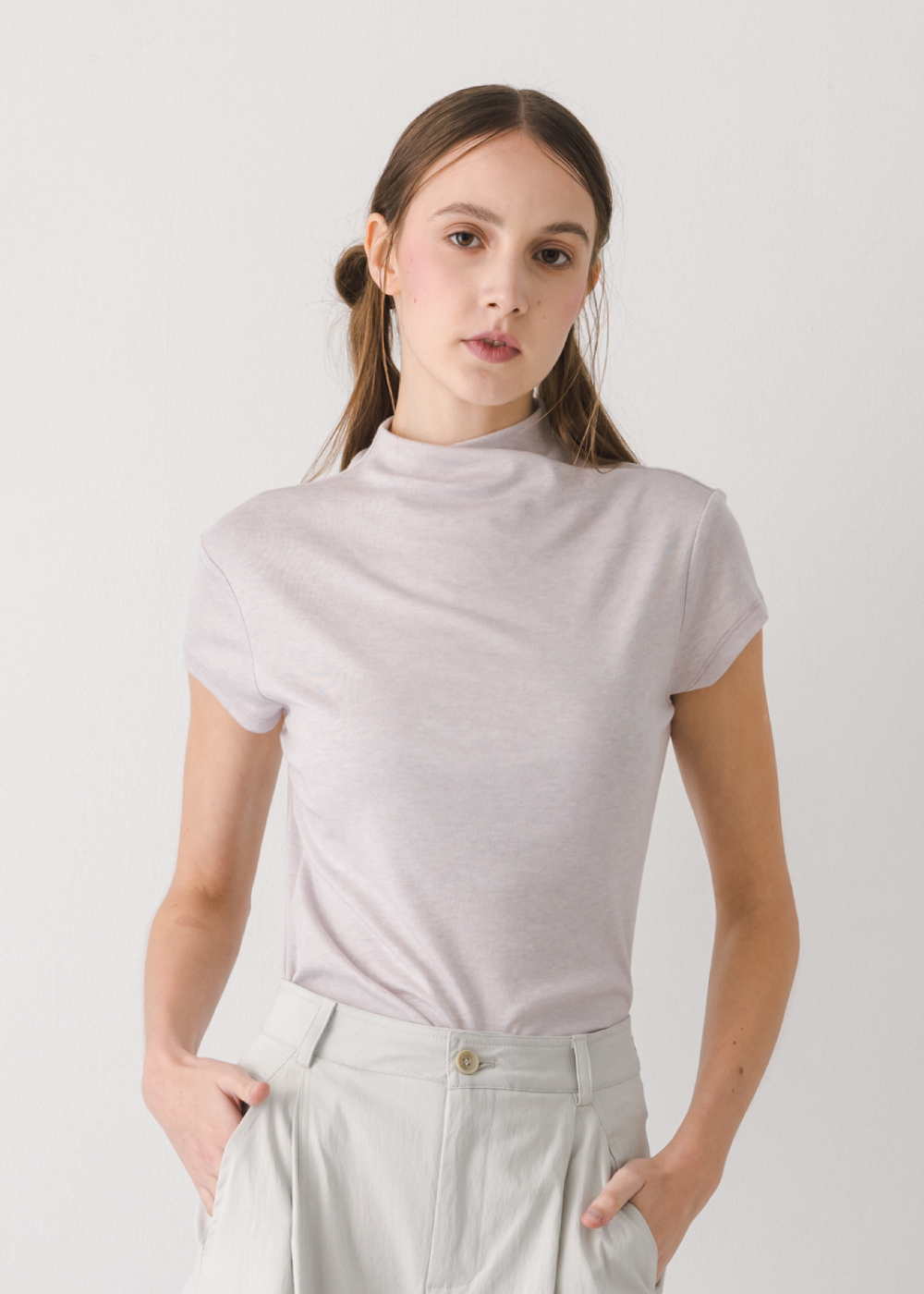 萊賽爾羊毛抓領短袖上衣