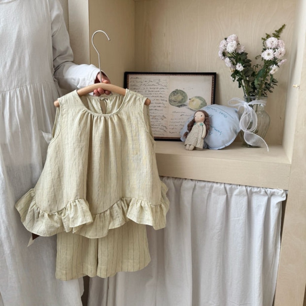 直條無袖花邊套裝