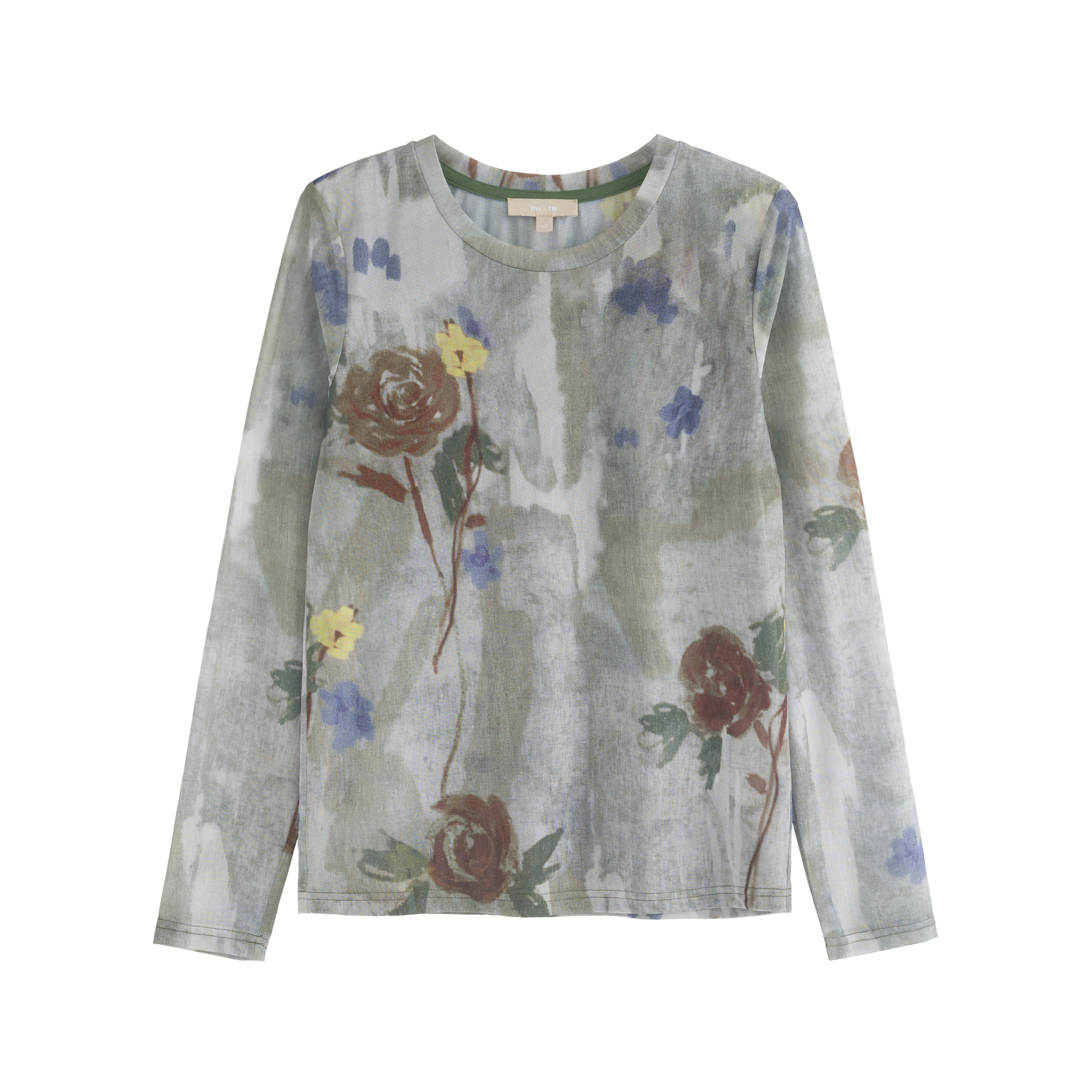 mi-tu round neck printed mesh top