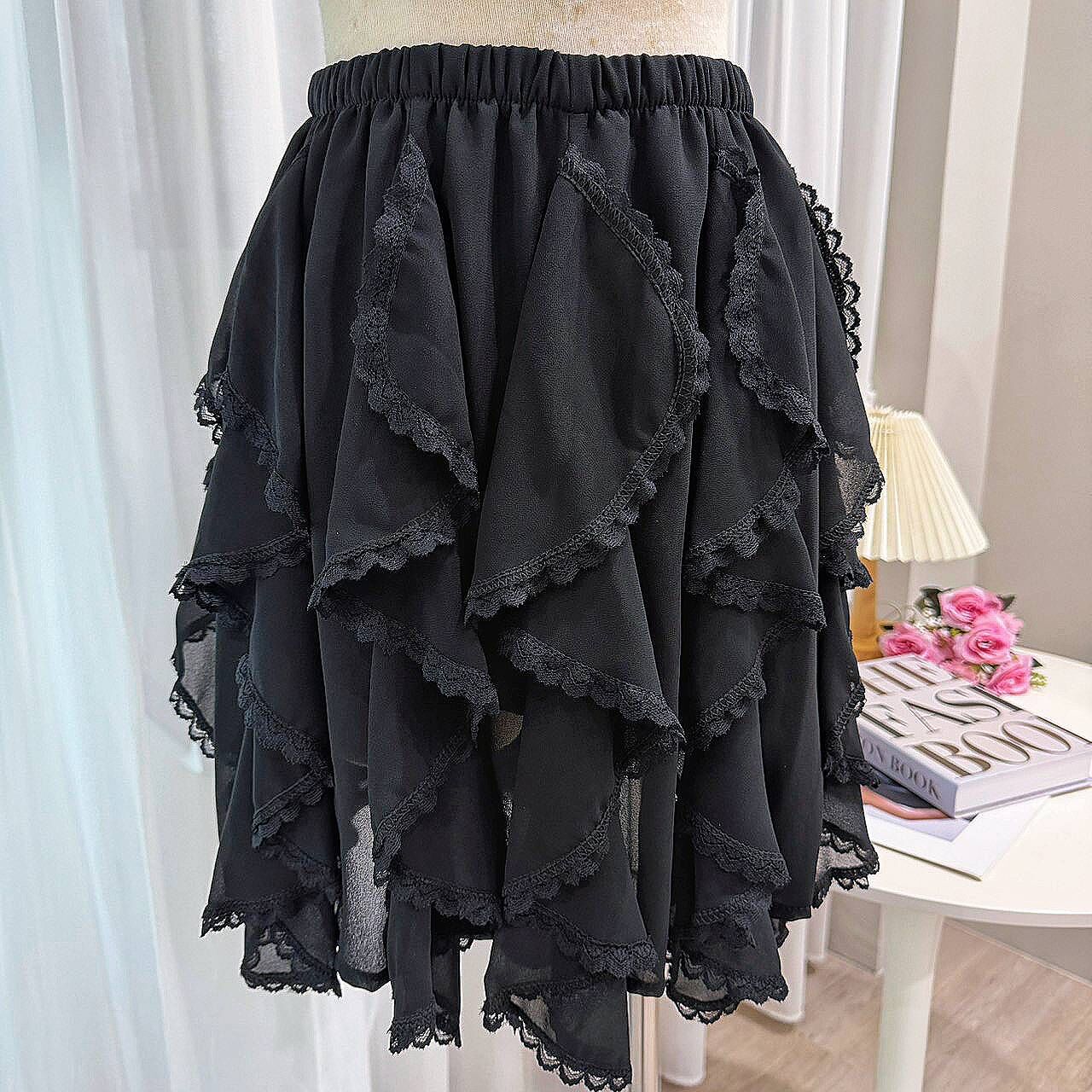 A6025-蕾絲波浪雪紡短裙