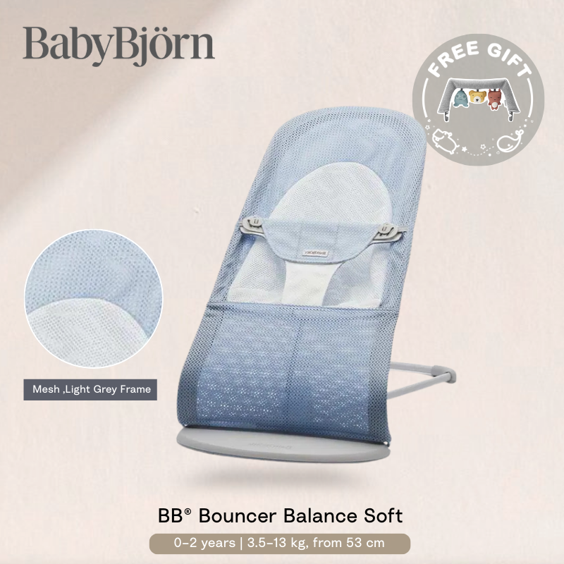 Babybjorn - Balance Soft柔軟網狀透氣嬰兒搖椅 淺灰框架(天藍色/白色)