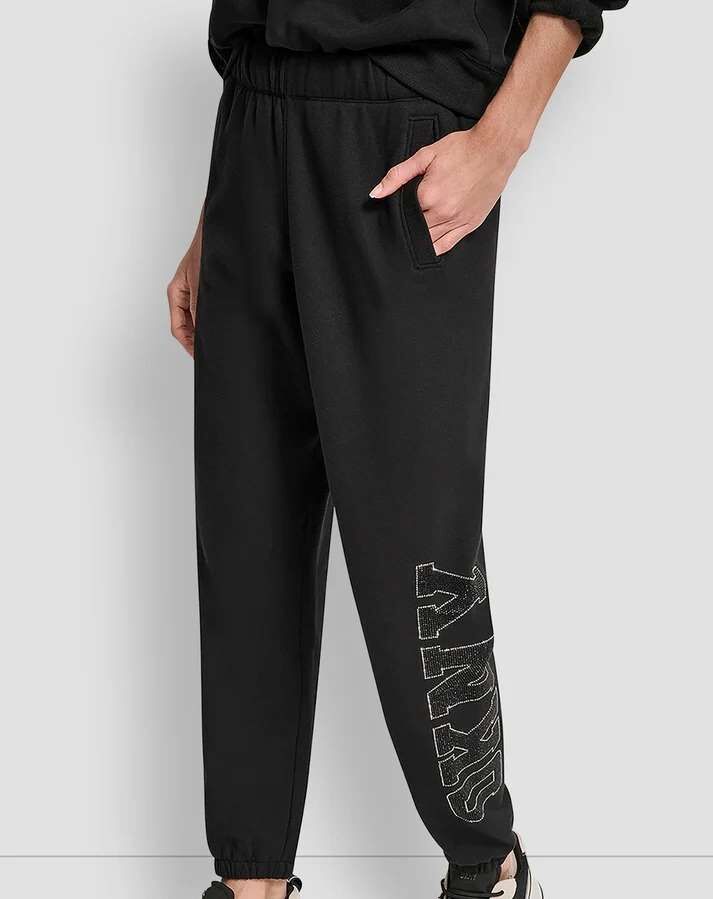 [S] DKNY BLK/BLACK EXPLODED RHINESTONE VARSITY LOGO HIGH RISE RELAXED, DP5P3737-BBL [FINAL SALE] (SD1589)