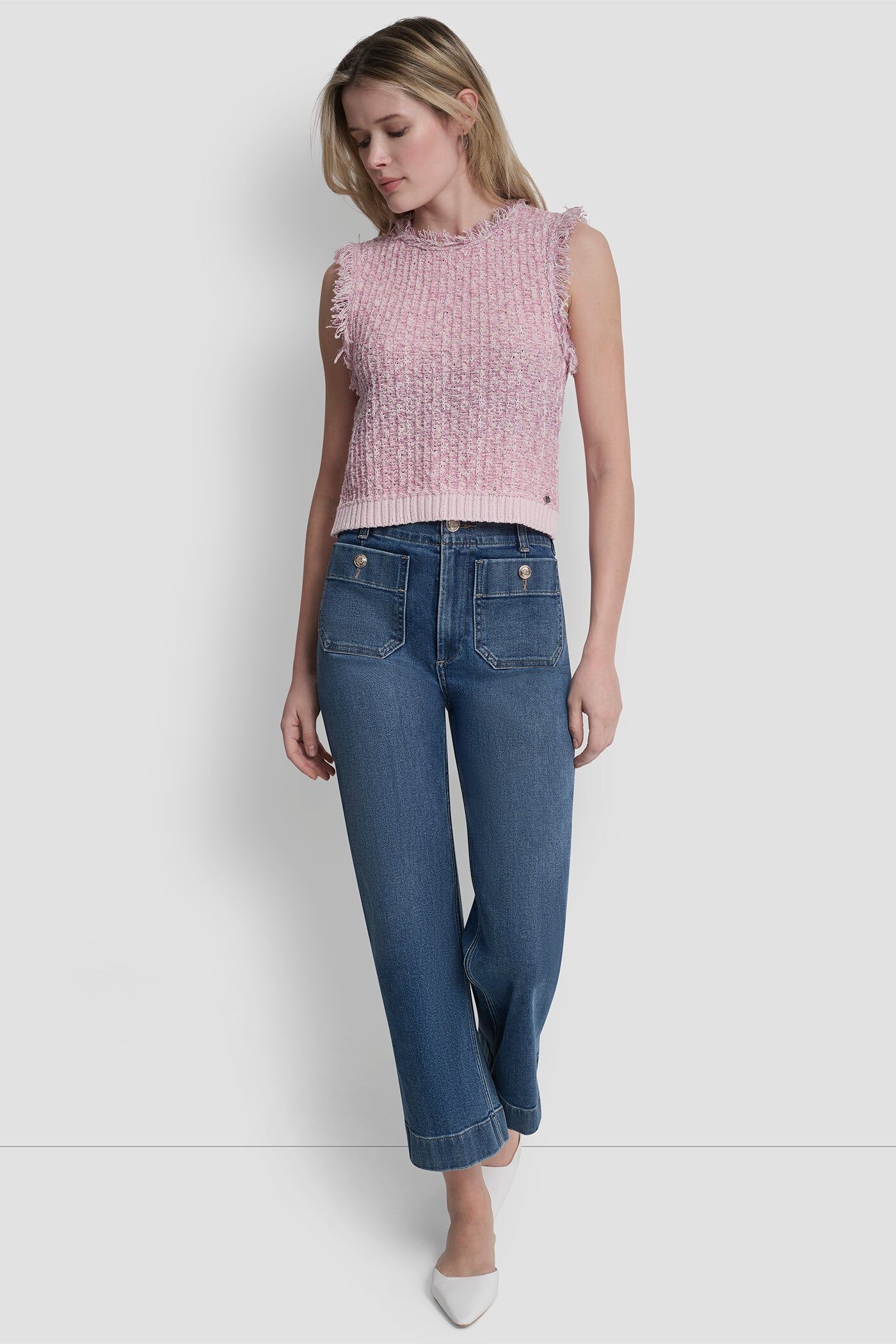 [S] DKNY PINK MOON TWEED FRINGE SWEATER WITH LOGO CHARM, DJ6R0964-QN5 (SD1731)