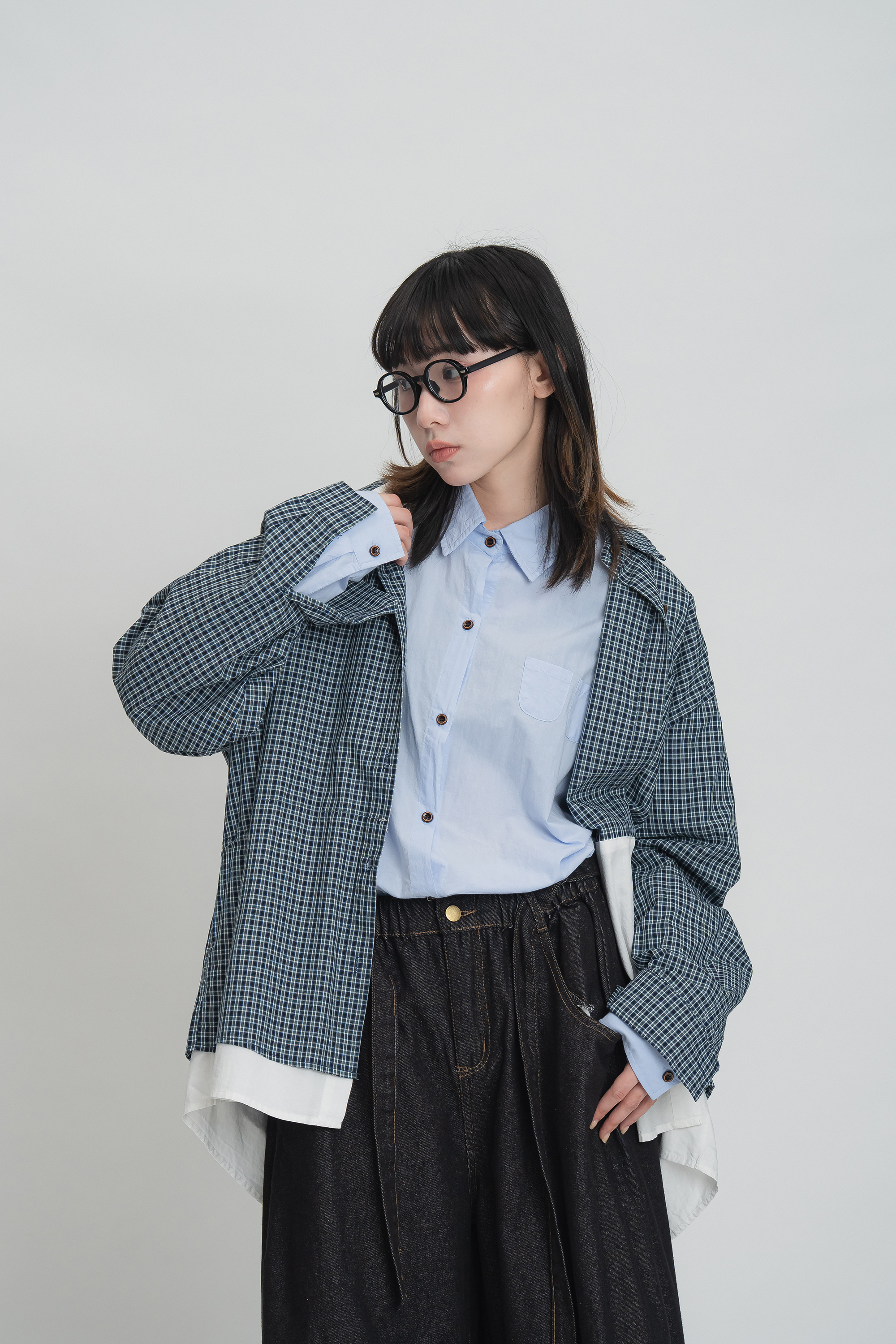 格紋拼接假兩件襯衫 2色