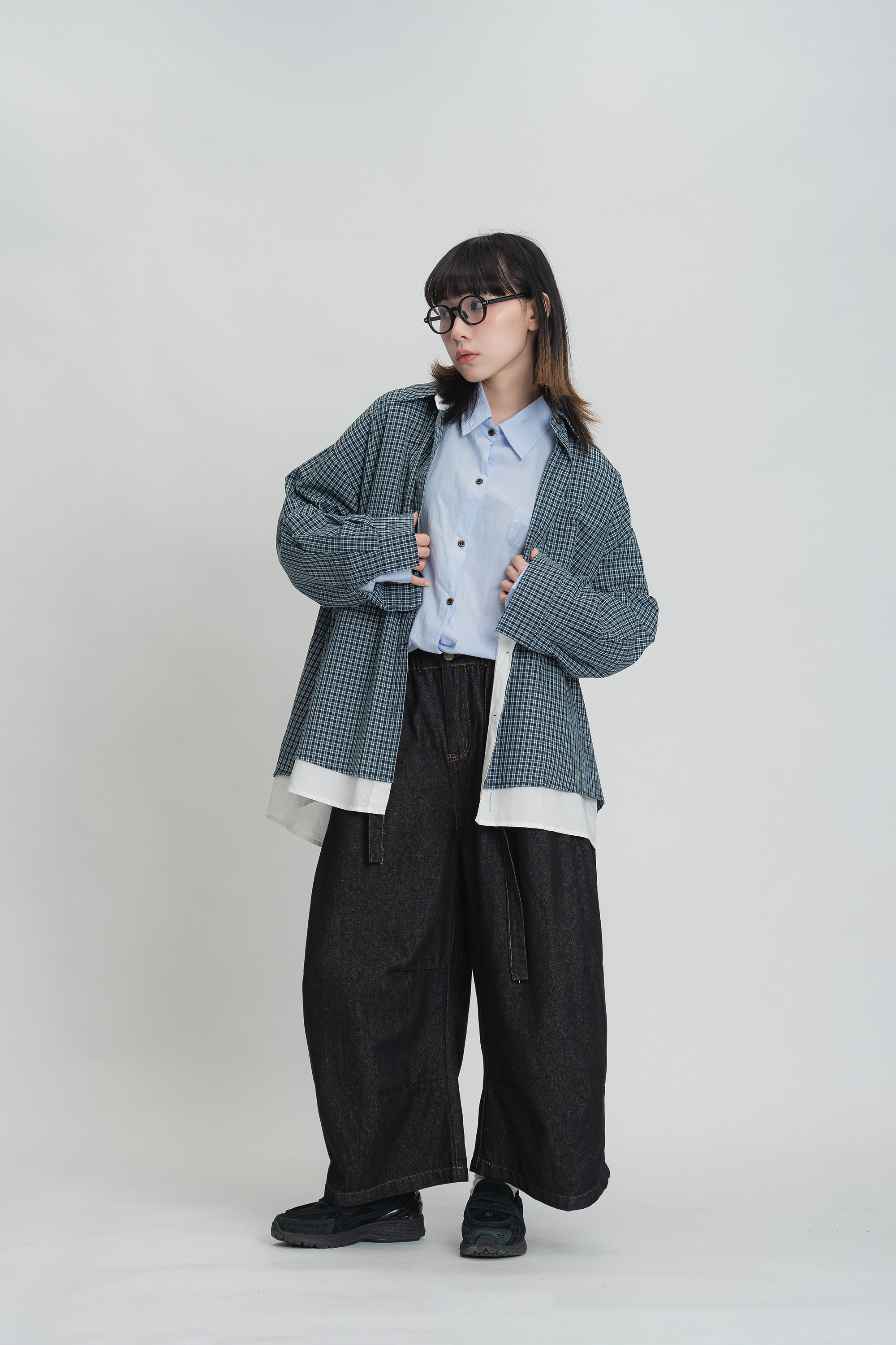 格紋拼接假兩件襯衫 2色