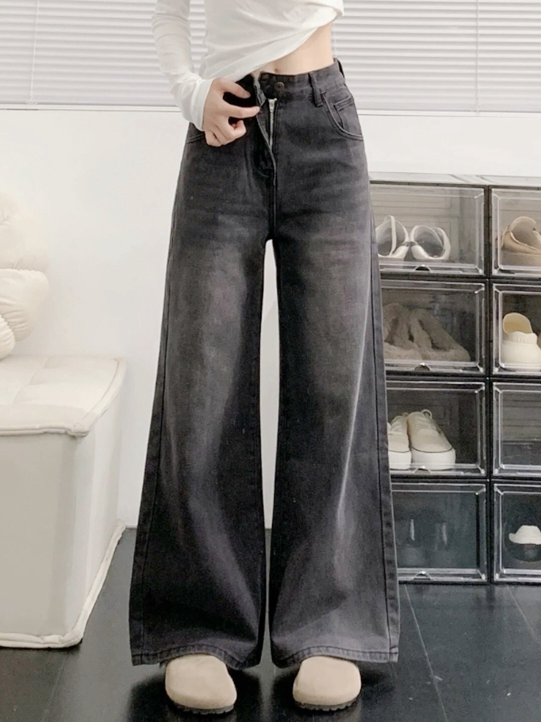 素面刷色牛仔寬褲 2010藍 2011灰