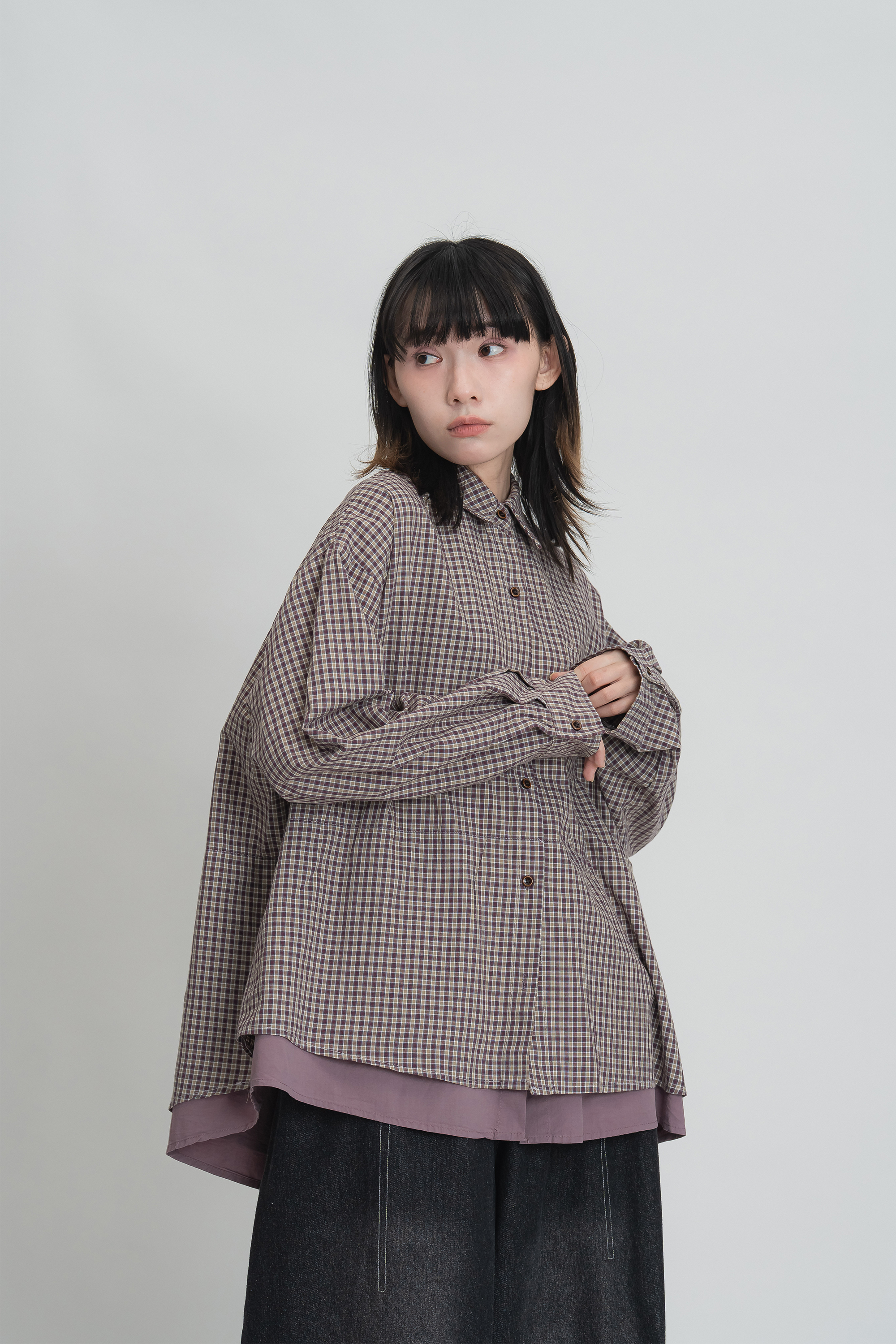 格紋拼接假兩件襯衫 2色