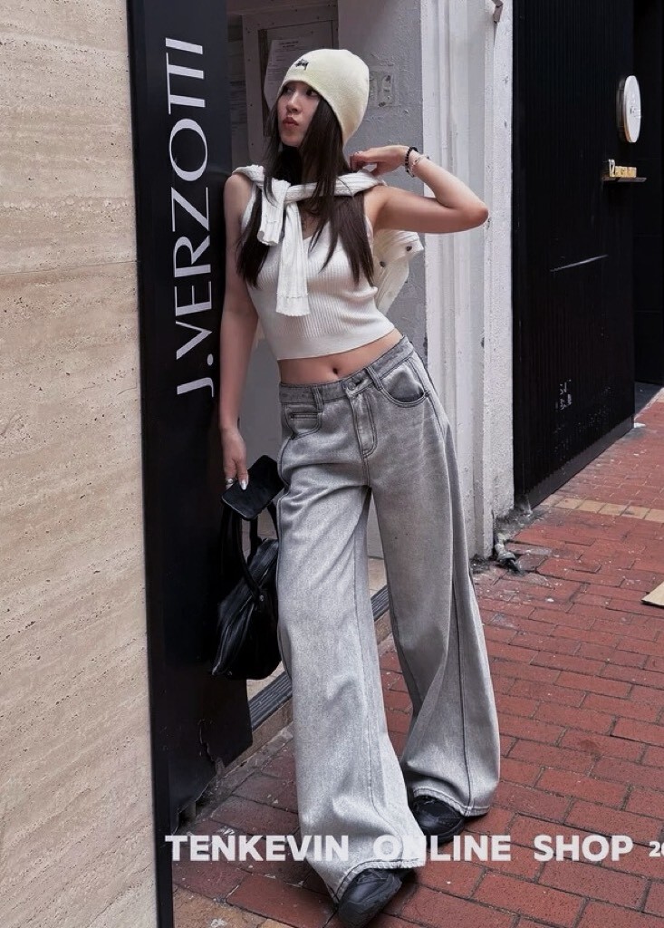 前後斜車線牛仔寬褲 8013淺灰 8014復古藍