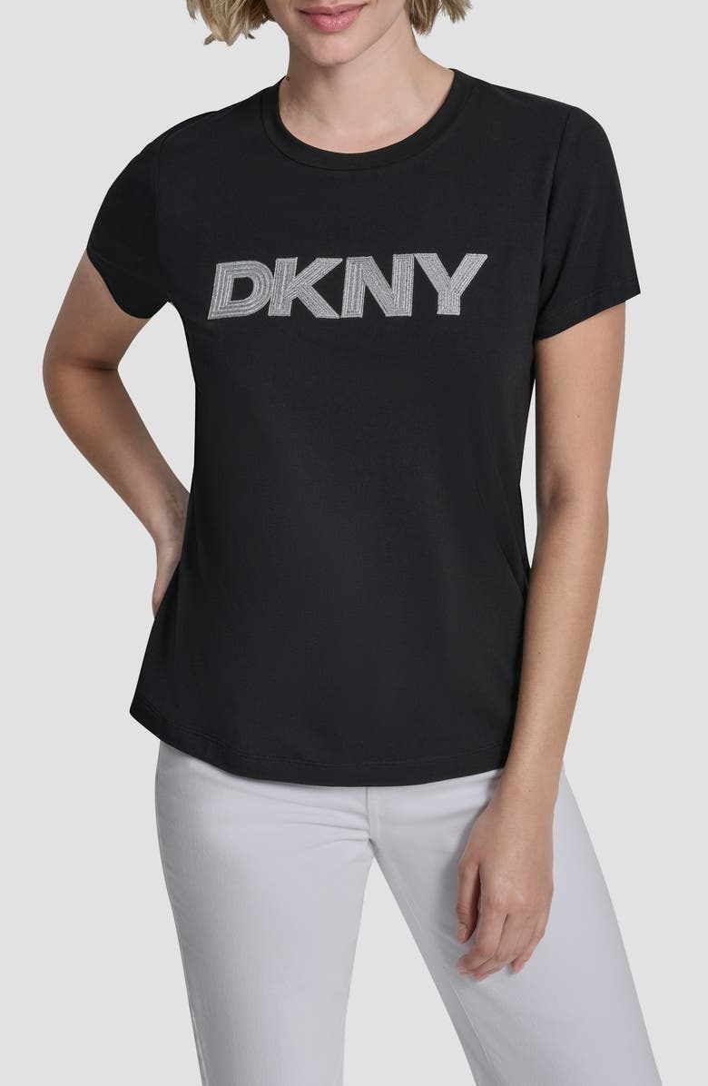 [S] DKNY BLACK METALLIC LOGO EMBROIDERED TEE, P54H0WNA-BLK (SD1850)