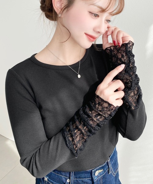 日本🇯🇵連線 Moment+ 袖捲蕾絲拼接羅紋剪裁套頭衫 內搭 打底 T恤 長袖 蕾絲 拼接 套頭衫 羅紋 4色(任買兩件7-11免運)/預購